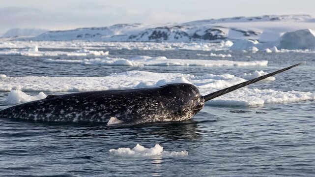 Majestic Narwhal Swimming in Icy Arctic Waters with Icebergs Visible.