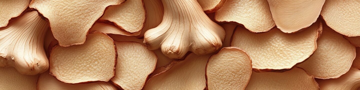 Artistic Full Frame Image of Delicious Dried Ginger Chips with a Textured Leathery Surface