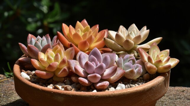 Collection of Perfectly Formed Miniature Succulents in a Terracotta Pot
