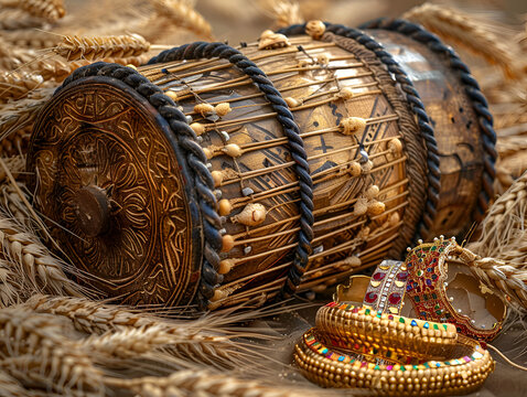 Traditional wooden dhol drum and ethnic jewelry for punjabi cultural festivals