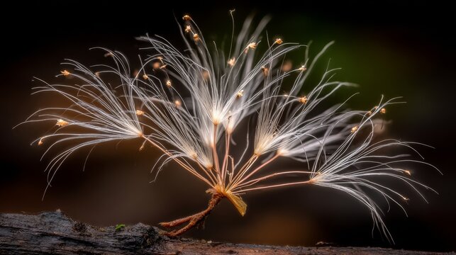 Intricate fungal spore print glowing with delicate filaments against a dark forest floor.