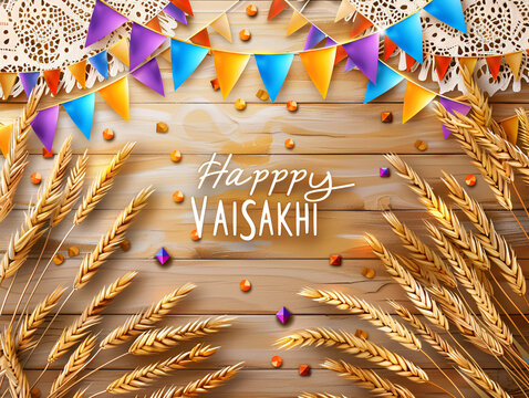 Festive baisakhi background with wooden texture wheat grain and colorful party flags