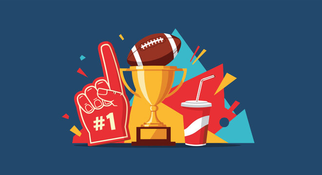 Collection of sports fan items including a red foam finger, gold trophy cup, an American football, and a soft drink for celebration.