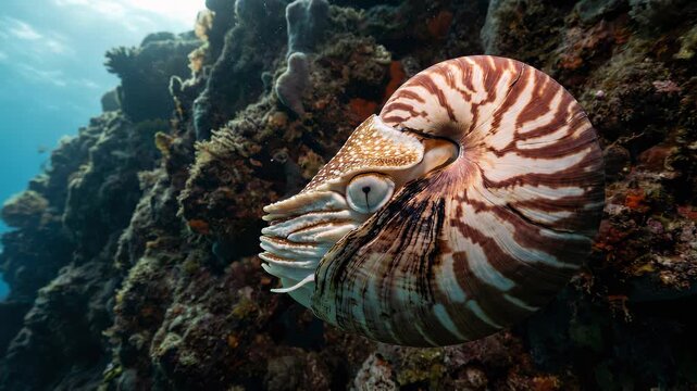 Stunning Nautilus Shell Underwater - Marine Life and Ocean Habitat.