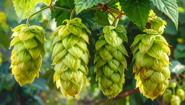 A close-up of four green hop cones on a branch