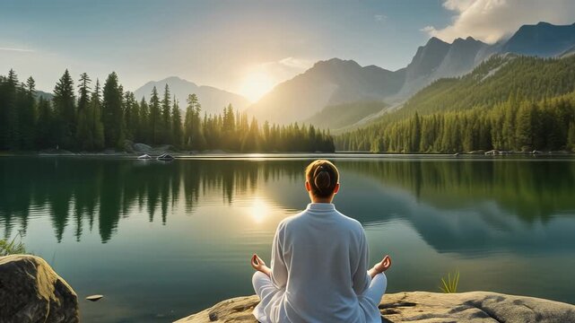 Peaceful meditation by a calm lake surrounded by nature and glowing fireflies at dusk in stunning 4K