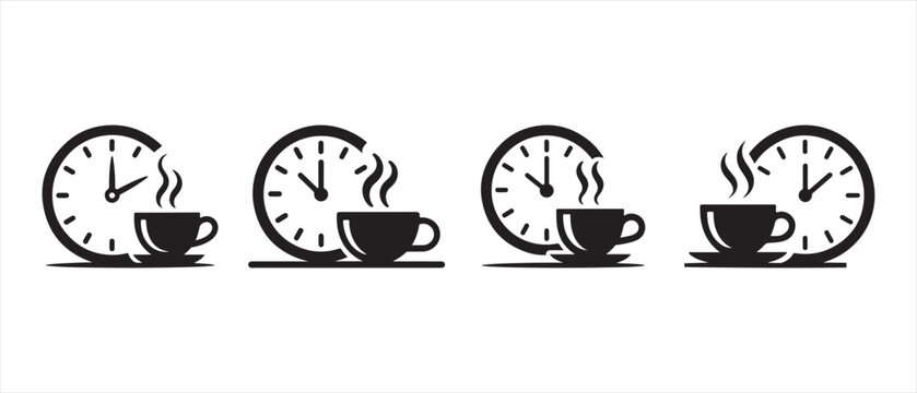 Coffee Break Time Icons. Steaming Cups and Clocks in Minimalist Black and White Vector Graphic.
