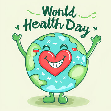 World health day illustration with cute earth character and heart face on white background