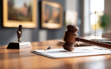 Fototapeta premium Wooden Gavel on Table with Legal Documents and Art in Background