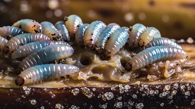 Macro shot of maggots feeding and decomposing animal organic matter