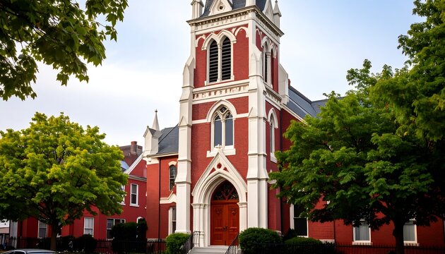 Stunning Red Brick Church with Tower and Architectural Details.