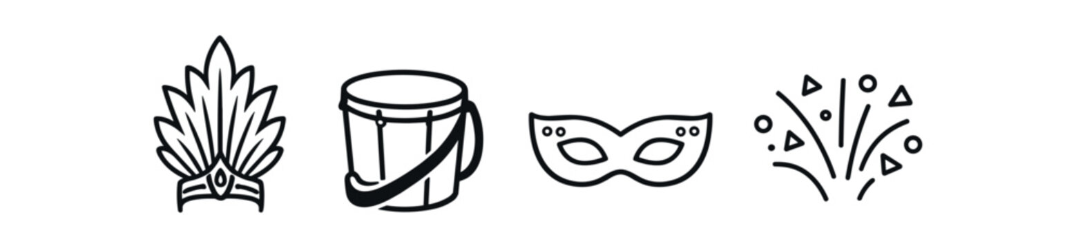Carnival and festival icons icon set. feather headdress, marching drum, masquerade mask, confetti, celebration, costume, music. 