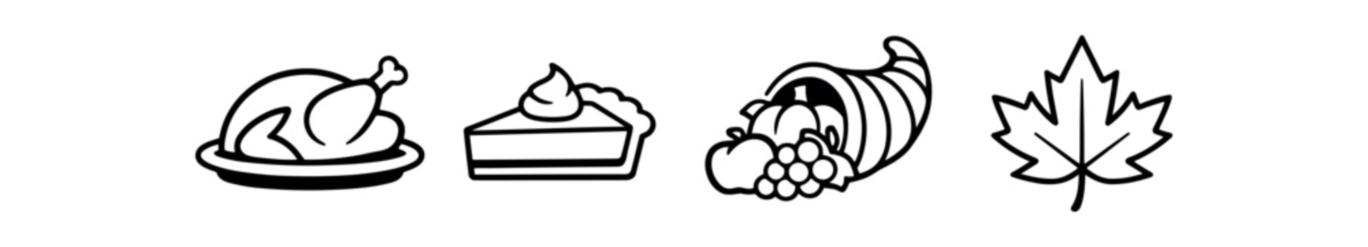 Thanksgiving and harvest icons set. roast turkey, pie slice, cornucopia, maple leaf, autumn, celebration. line and flat vector icon set.