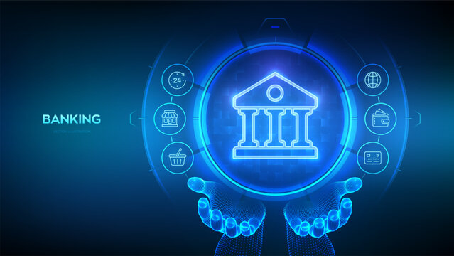 Bank icon in wireframe hands. Online banking service application. Finance and banking global internet connection. API Fintech. Financial transaction. Money transaction, e-commerce. Vector illustration