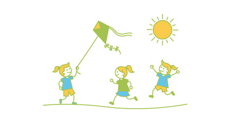 Fototapeta premium Children playing with green kite outdoors.