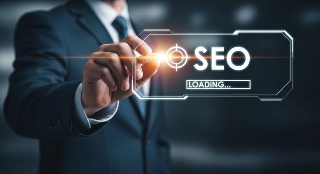 Digital marketing and seo optimization a business professional interacting with a futuristic interface
