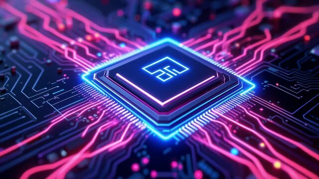 Close-up futuristic deep blue circuit board with glowing neon pink data streams in 4K technology animation