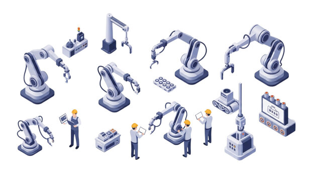 Modern isometric robotic arm illustration with automated factory machines and engineering icons