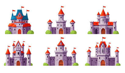 Colorful fantasy castle illustration with medieval towers fortress palace and fairytale citadel set © MdSirazul