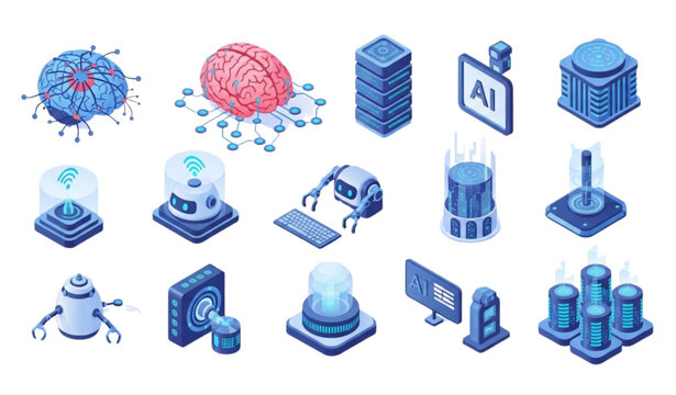 Isometric artificial intelligence icons set with digital brain neural network robots and AI servers