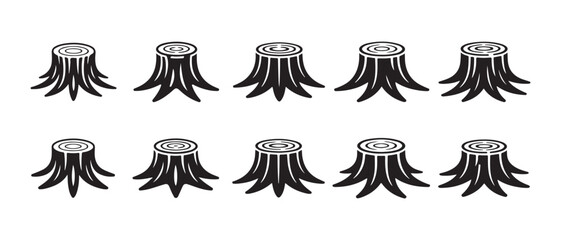 Identical Black and White Tree Stumps Arranged in Rows, Minimalist Graphic Icon on White Background. © NadimStoker