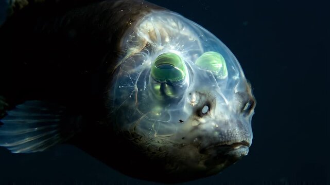 Rare Macropinna microstoma fish with transparent head in deep ocean.
