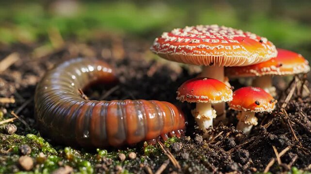 Decomposting animal millipede near red toadstool mushrooms