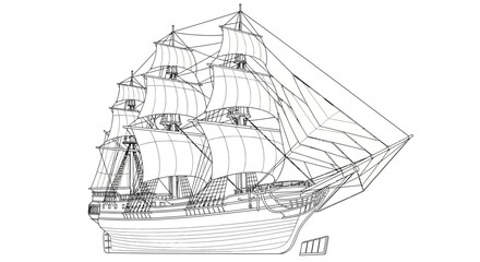 Sailing Ship Blueprint Vector Illustration - Vintage Tall Ship Line Art © Margo