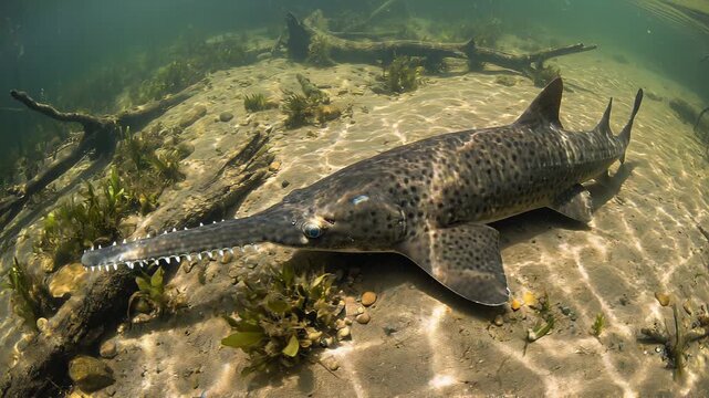 Underwater Sawfish Swimming Over Sandy Ocean Floor in Sunlight.