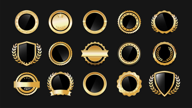 Luxury gold badge set with black and metallic accents. Collection of 15 elegant award seals featuring glossy gradients, laurel wreaths, stars, and ribbons.  