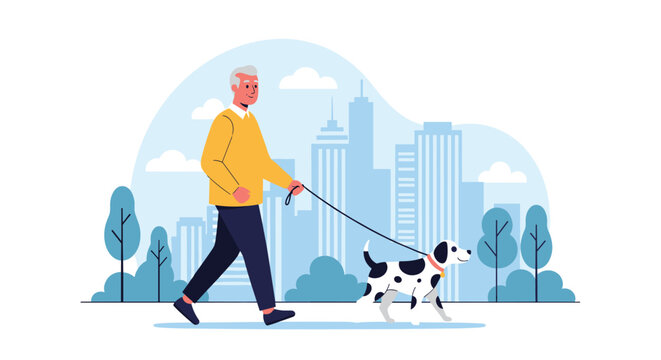Happy senior man walking his dalmatian dog on a leash along city street with skyscrapers and trees in background.
