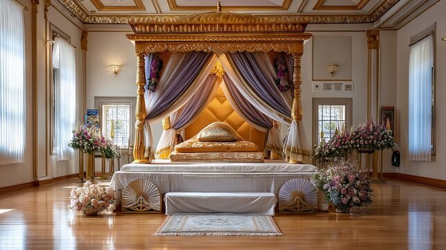Tranquil Gurdwara Sanctum with Guru Granth Sahib Under Elegant Canopy