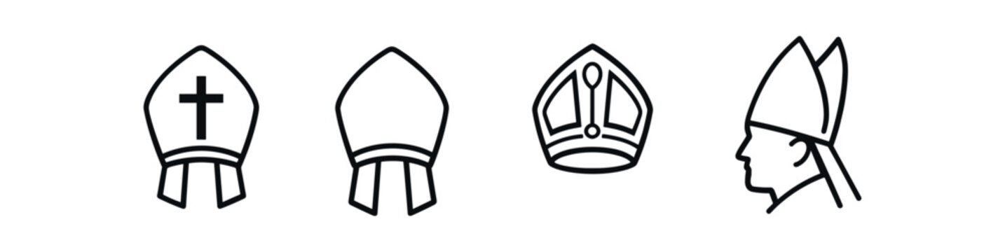 Bishop mitre icon set. mitre, bishop hat, liturgical headwear, clergy, church, religious vestment. line and flat vector illustration.