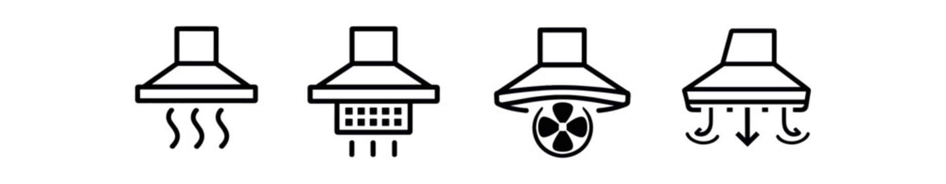 Range hood icon set. kitchen extractor, ventilation, fan, exhaust, cooker hood. line, flat and colored vector icon set.
