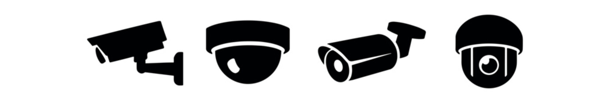 Surveillance camera icon set. cctv, dome camera, bullet camera, security, video monitoring, camera silhouette. line, flat and colored vector icon set.