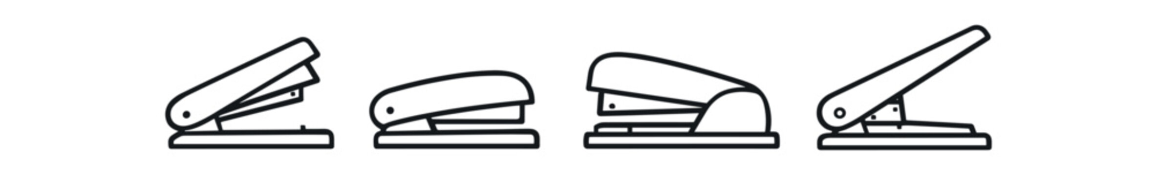 Stapler icon set. office stapler, stationery tool, fastener device for papers, desk supplies and business use. line, flat and colored vector icon set.