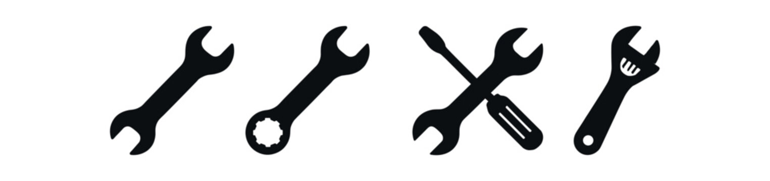 Wrench icon set. spanner, repair tool, mechanic, maintenance, service, adjustment. line, flat and colored vector icon set.