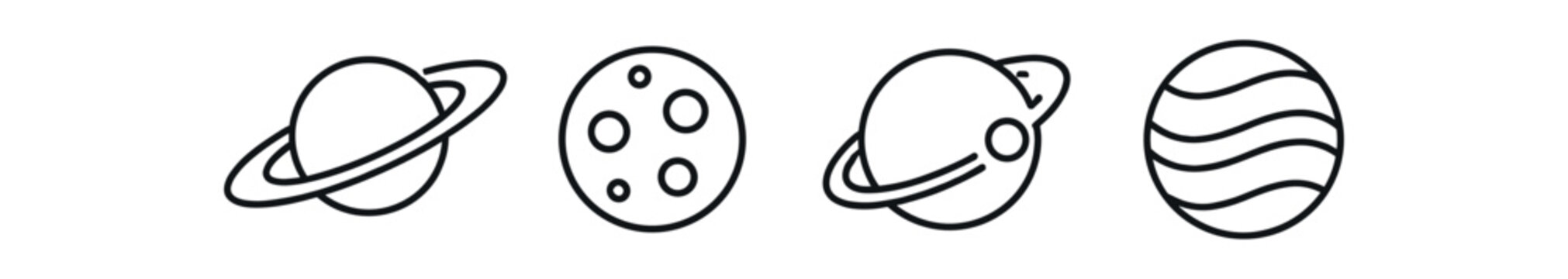 Planet and moon icon set. saturn, moon, ringed planet, globe, astronomy, space. line, flat and colored vector icon set.