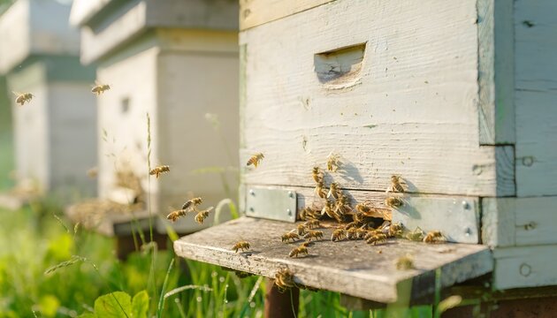 The Golden Hum: Bustling Activity at the Threshold of a Sun-Drenched Apiary