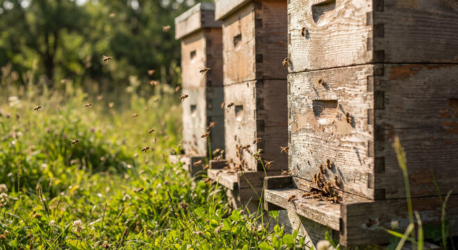 The Golden Hum: Bustling Activity at the Threshold of a Sun-Drenched Apiary