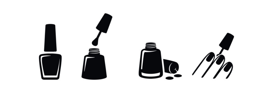 Nail polish and manicure icon set. nail polish bottle, open bottle with brush, spilled polish, manicure tips, beauty, cosmetics. line, flat and colored vector icon set.