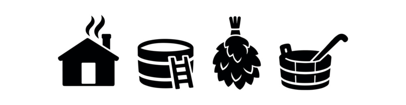 Nordic bathing icon set. sauna house, wooden hot tub, birch bundle whisk, bathing bucket with ladle, traditional spa tools. line, flat and colored vector icon set.