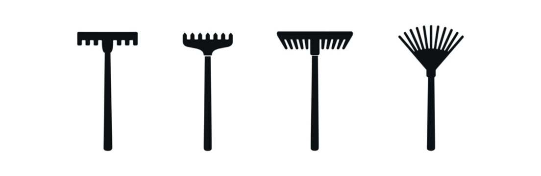 Rake icon set. garden rake, leaf rake, yard tool, lawn maintenance, landscaping, cleanup. flat vector illustration.