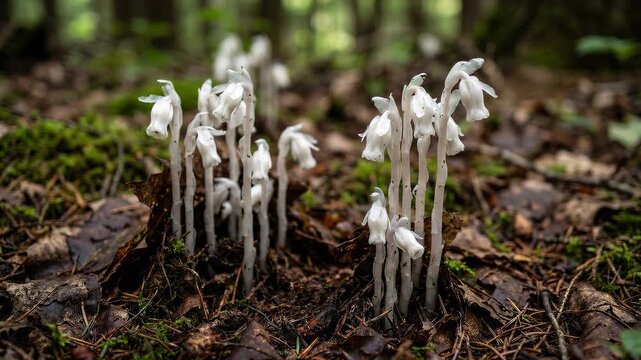 Ghost plants in a forest with detailed close-up photography.