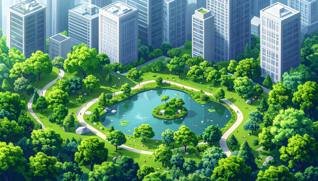 中央島のある池を囲む都市公園の明るい俯瞰イラスト