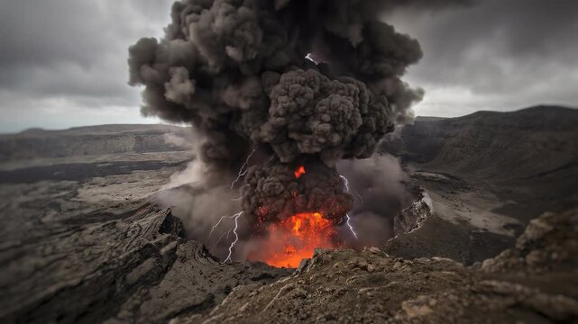 Dramatic Volcanic Eruption with Lightning Strikes and Ash Cloud.