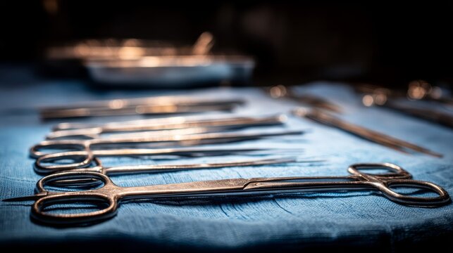Collection of Stainless Steel Surgical Instruments Arranged on a Blue Surgical Drape, Ready for Procedure