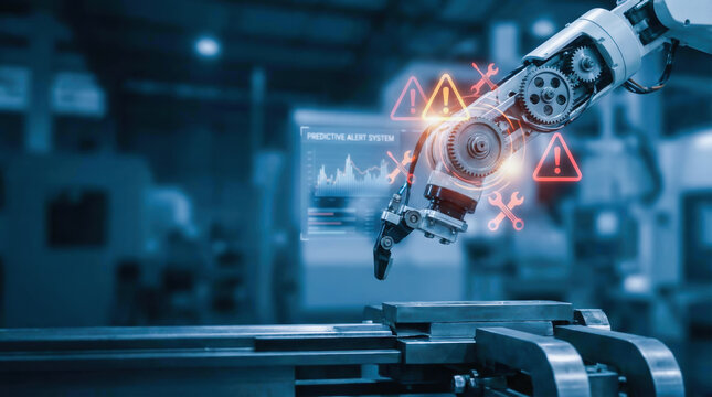 Predictive maintenance ai prediction machine learning insight robot arm monitoring industrial factory concept for equipment reliability with warning icon dashboard and data analysis for smart