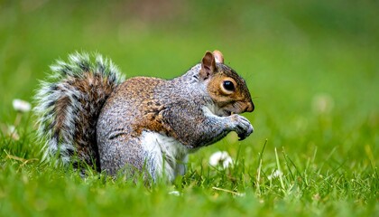 Fototapeta premium Squirrel in the green grass, eating something, focused on the food.