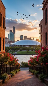 Houston Third Ward Sunset with Astrodome and Willis Tower